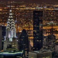 A view of Manhattan's Chrysler Building at night from above.  8 exposures combined to maximize range and detail.